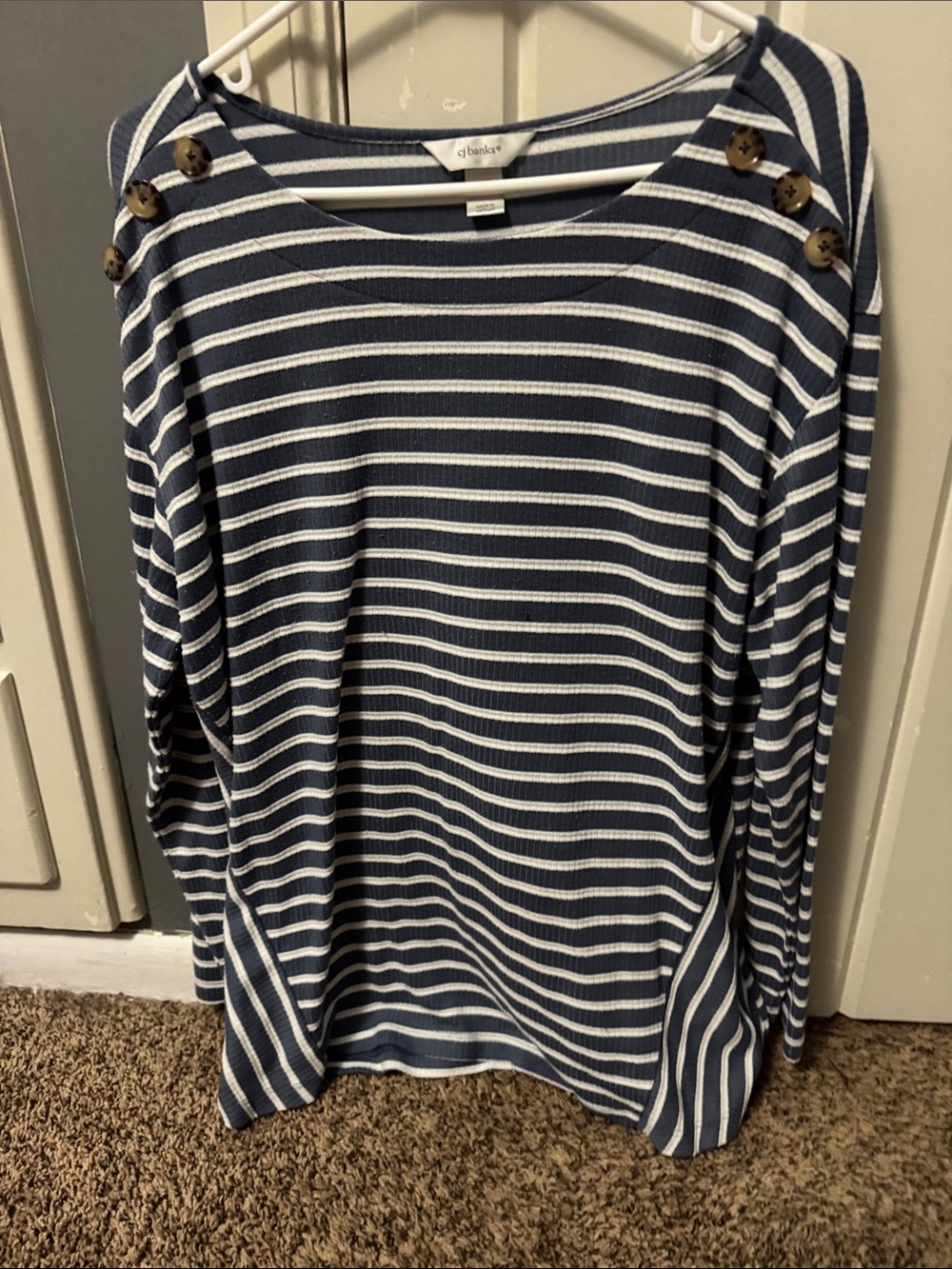 CJ Banks Navy and White Striped Button-Shoulder Top